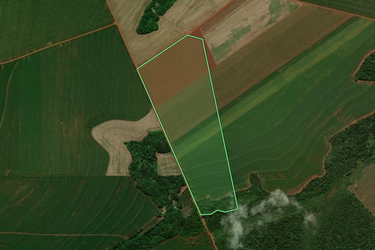 Imagem de satélite do imóvel rural em Luiziana (PR), com o contorno declarado no CAR desenhado por cima.