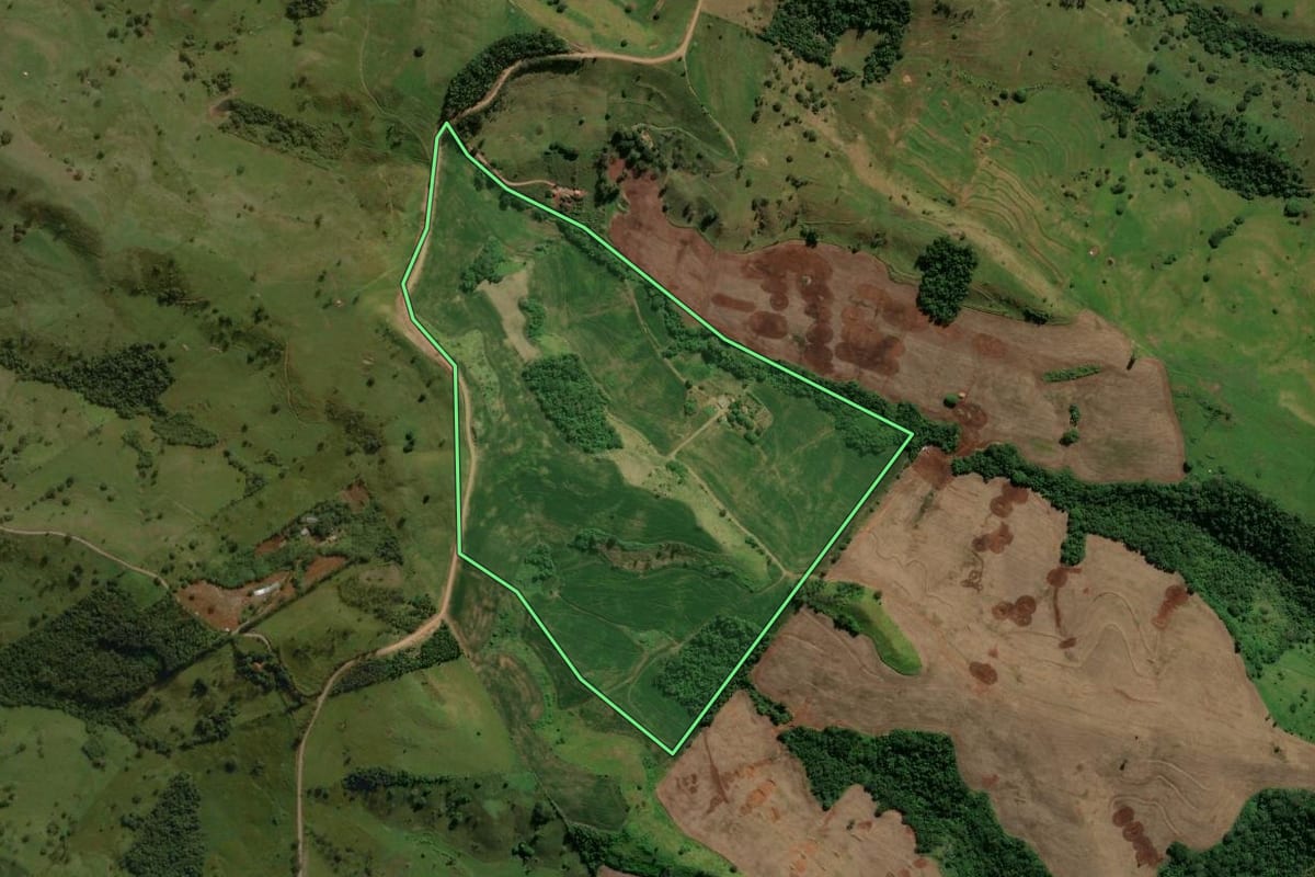 Imagem de satélite do imóvel rural em Lunardelli (PR), com o contorno declarado no CAR desenhado por cima.
