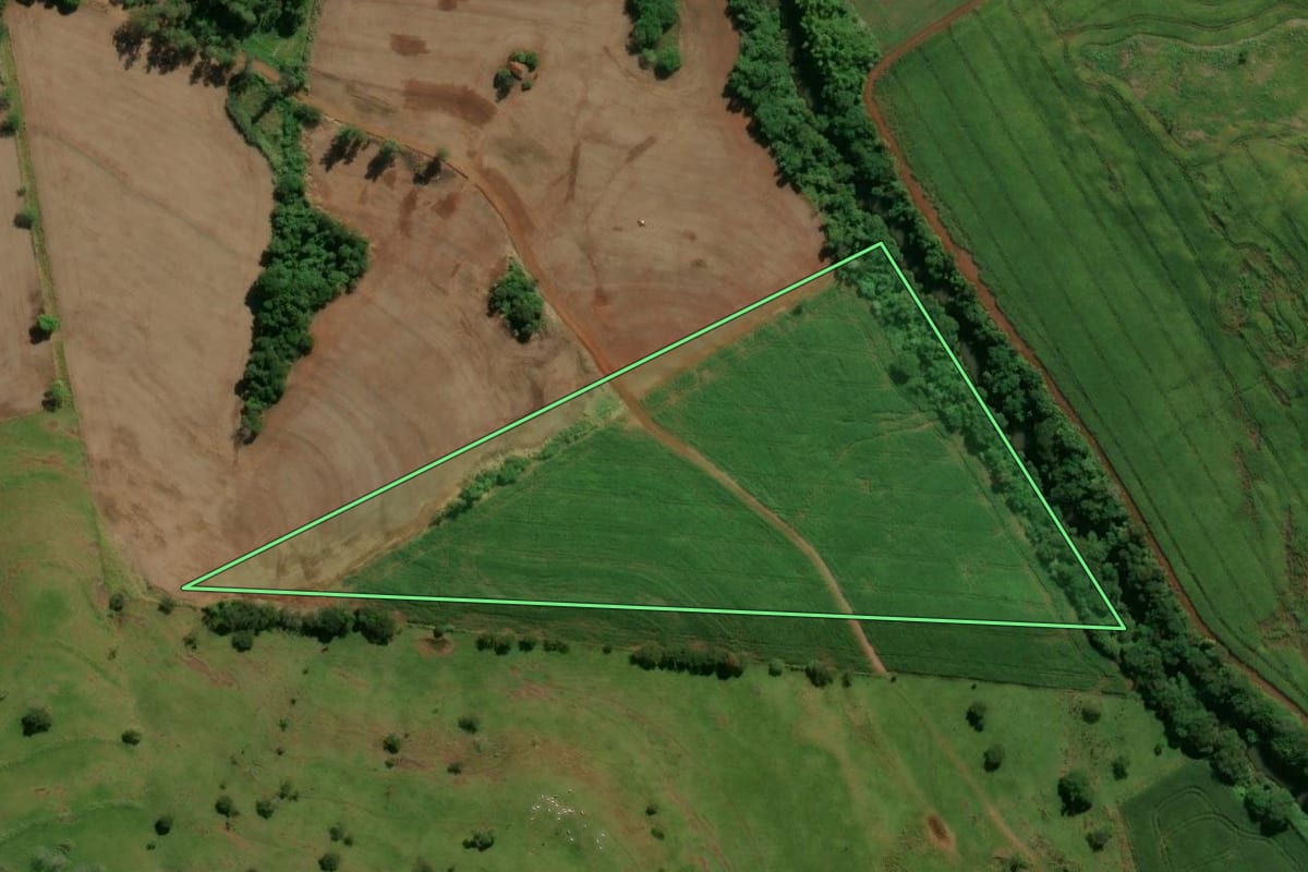 Imagem de satélite do imóvel rural em Lunardelli (PR), com o contorno declarado no CAR desenhado por cima.