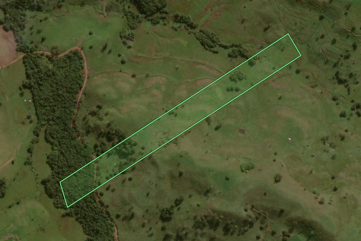 Imagem de satélite do imóvel rural em Lunardelli (PR), com o contorno declarado no CAR desenhado por cima.