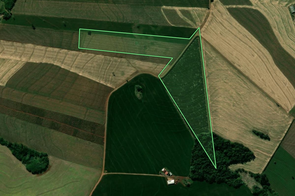 Imagem de satélite do imóvel rural em Lunardelli (PR), com o contorno declarado no CAR desenhado por cima.