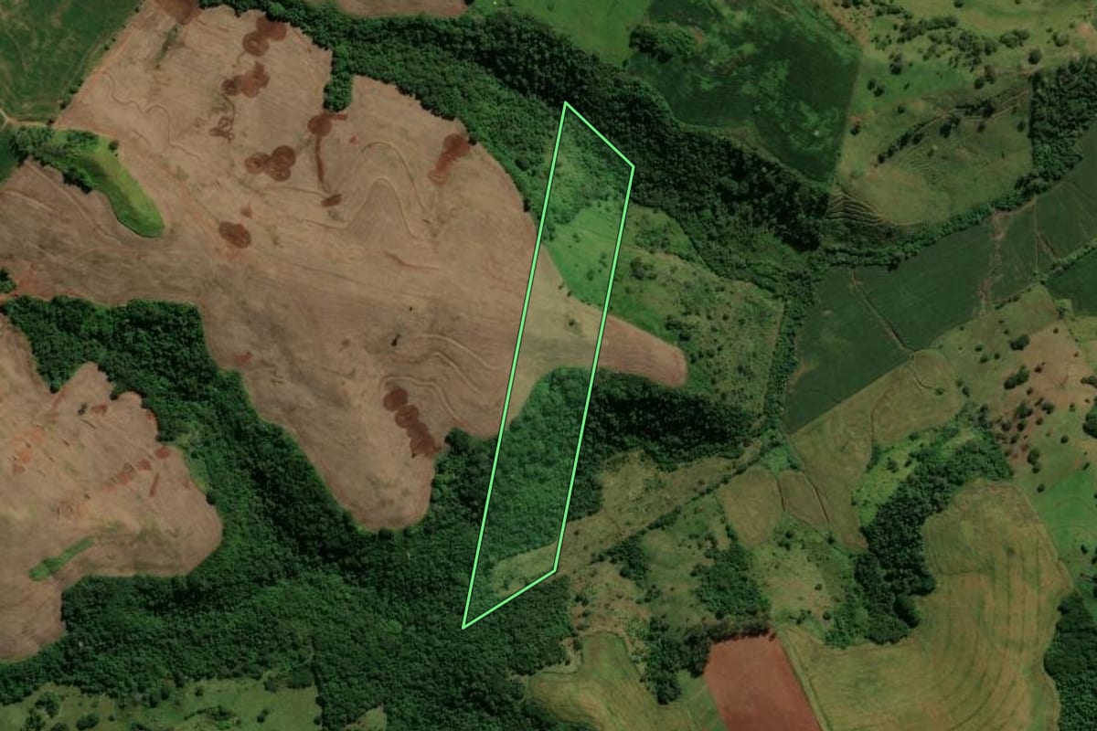 Imagem de satélite do imóvel rural em Lunardelli (PR), com o contorno declarado no CAR desenhado por cima.