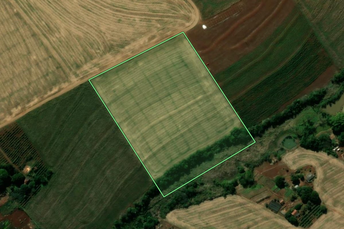 Imagem de satélite do imóvel rural em Lunardelli (PR), com o contorno declarado no CAR desenhado por cima.