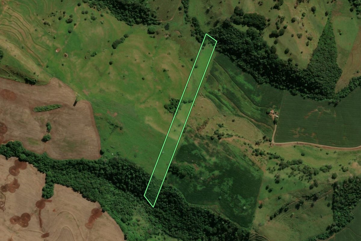 Imagem de satélite do imóvel rural em Lunardelli (PR), com o contorno declarado no CAR desenhado por cima.