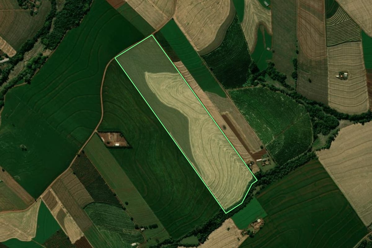Imagem de satélite do imóvel rural em Lunardelli (PR), com o contorno declarado no CAR desenhado por cima.