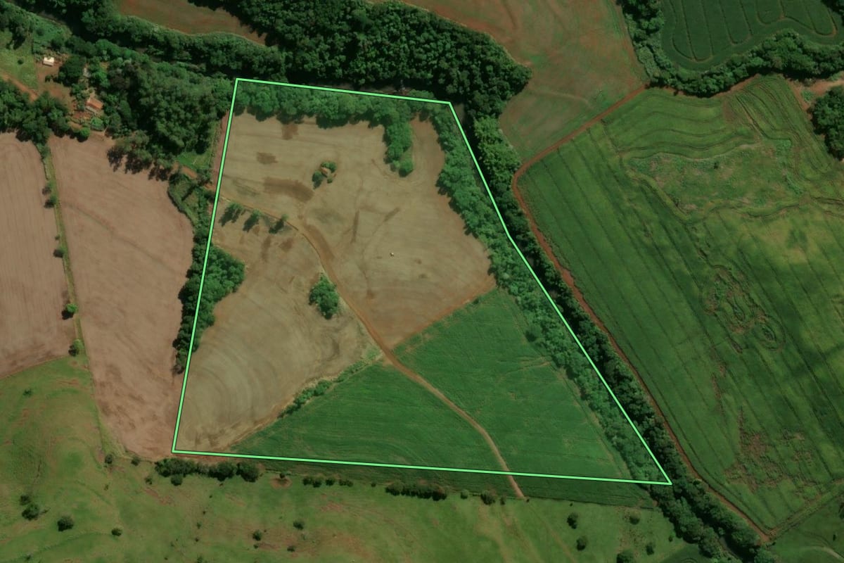 Imagem de satélite do imóvel rural em Lunardelli (PR), com o contorno declarado no CAR desenhado por cima.