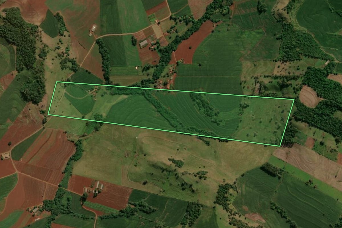 Imagem de satélite do imóvel rural em Lunardelli (PR), com o contorno declarado no CAR desenhado por cima.