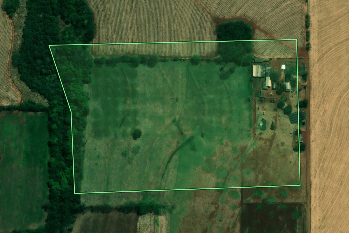 Imagem de satélite do imóvel rural em Lupionópolis (PR), com o contorno declarado no CAR desenhado por cima.