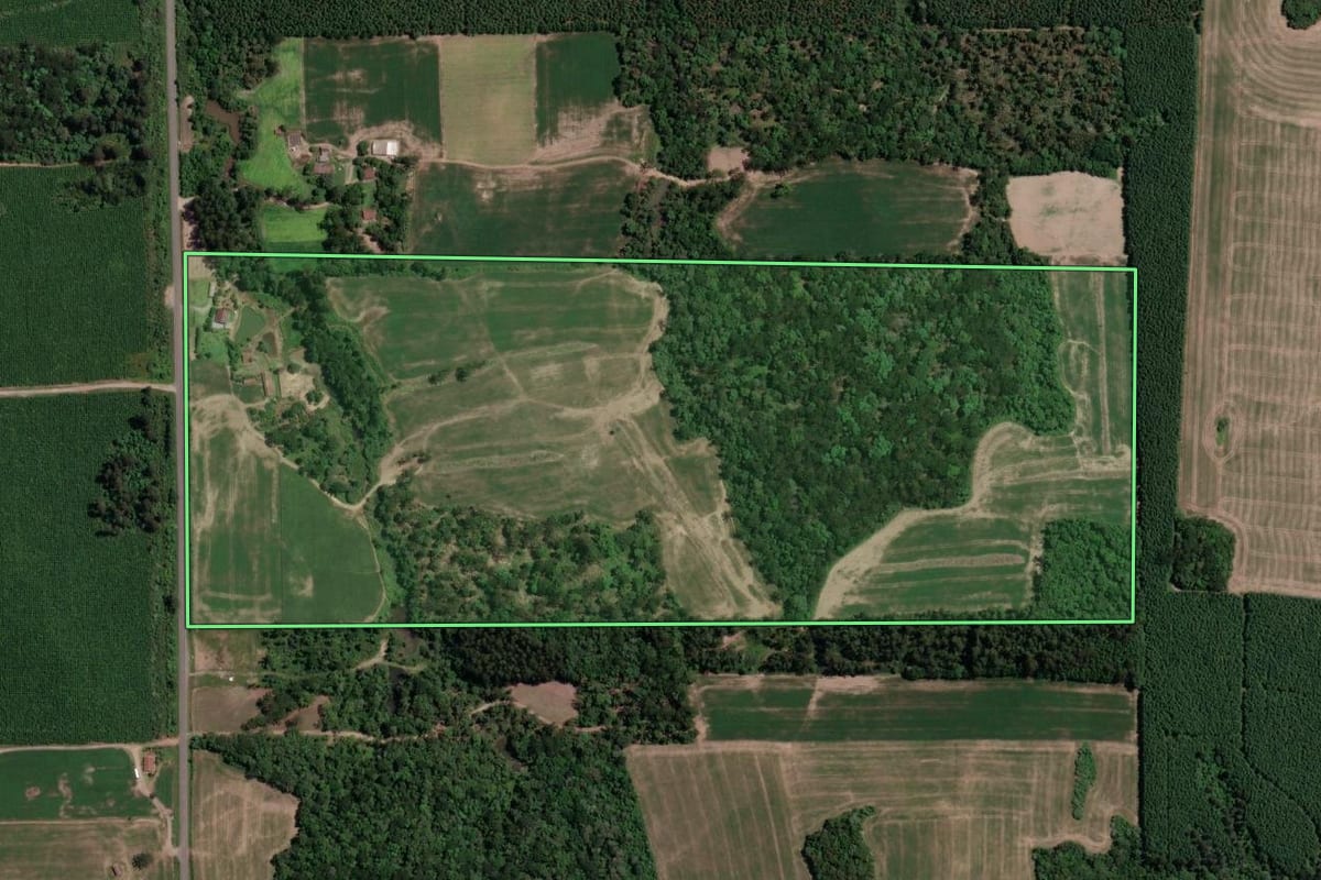 Imagem de satélite do imóvel rural em Mallet (PR), com o contorno declarado no CAR desenhado por cima.