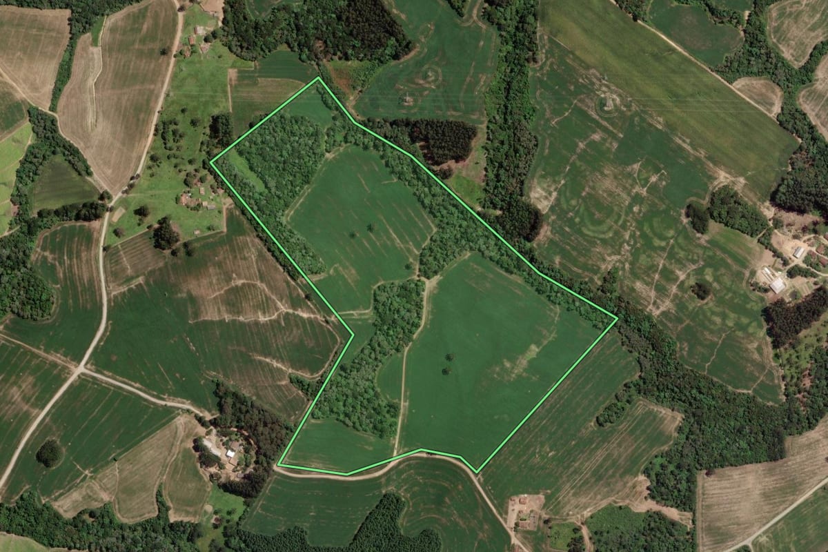 Imagem de satélite do imóvel rural em Mallet (PR), com o contorno declarado no CAR desenhado por cima.