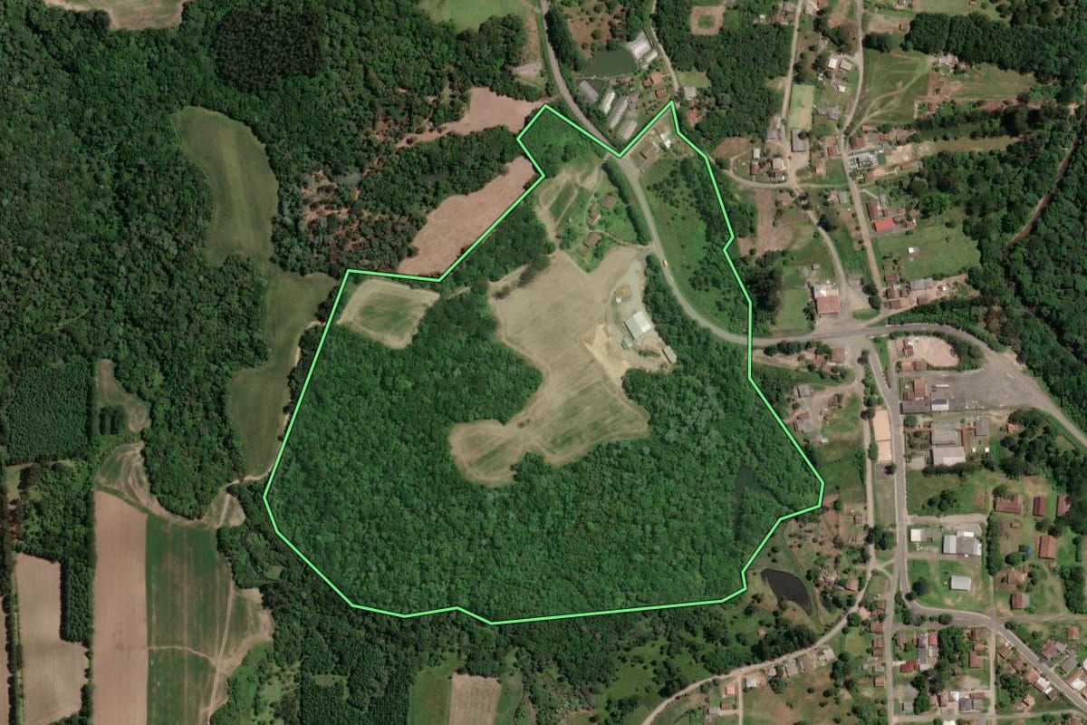 Imagem de satélite do imóvel rural em Mallet (PR), com o contorno declarado no CAR desenhado por cima.