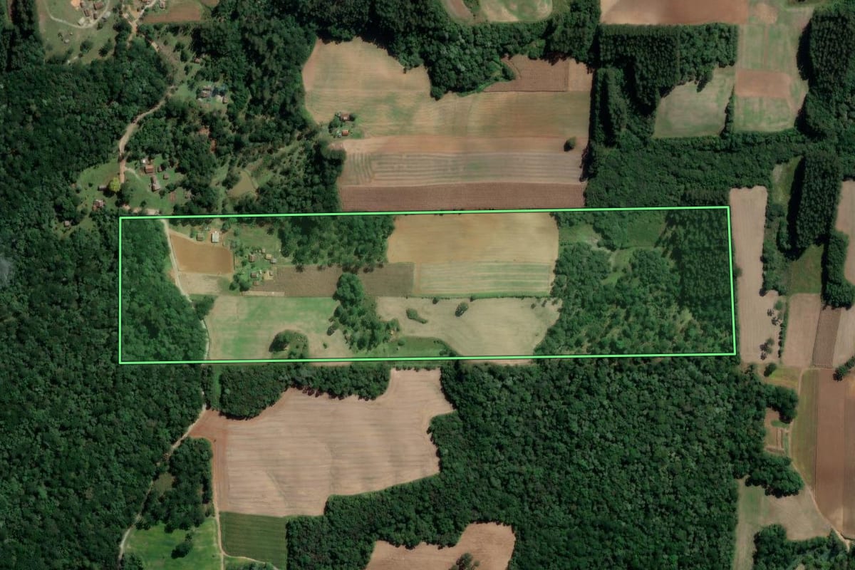 Imagem de satélite do imóvel rural em Mallet (PR), com o contorno declarado no CAR desenhado por cima.