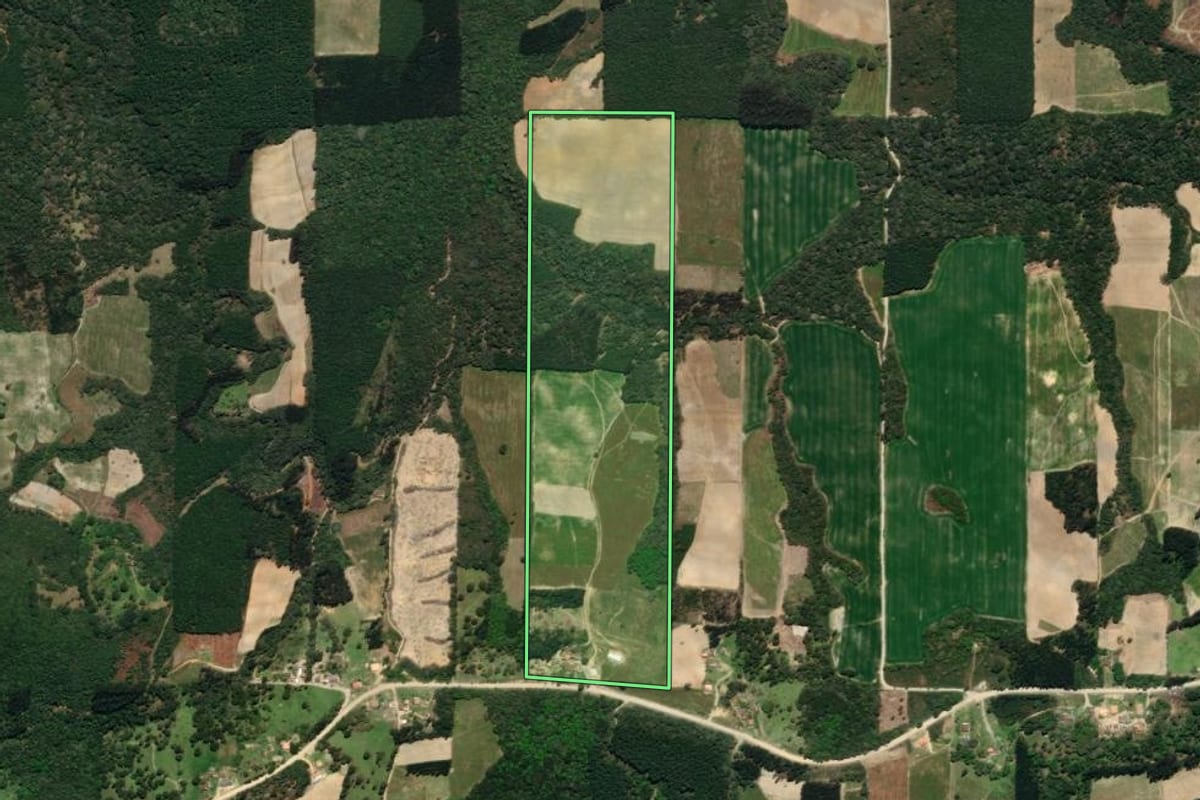 Imagem de satélite do imóvel rural em Mallet (PR), com o contorno declarado no CAR desenhado por cima.