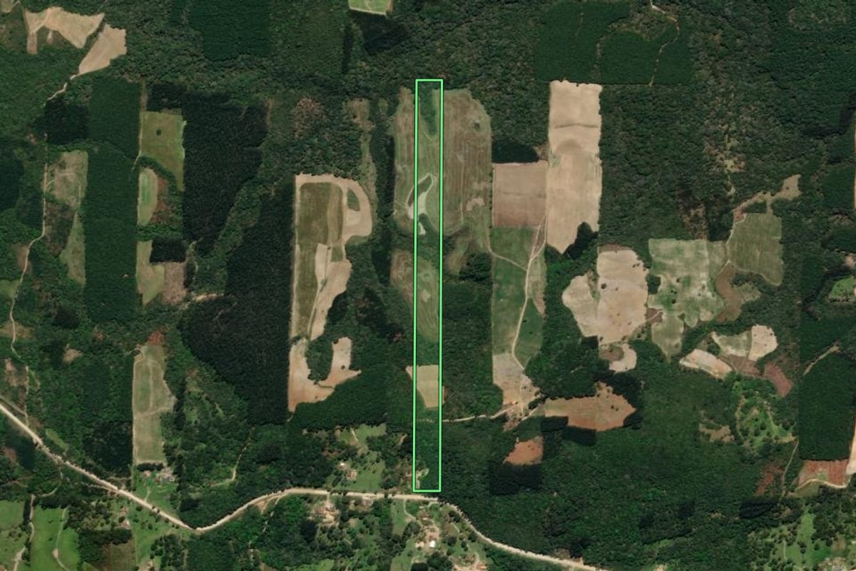 Imagem de satélite do imóvel rural em Mallet (PR), com o contorno declarado no CAR desenhado por cima.