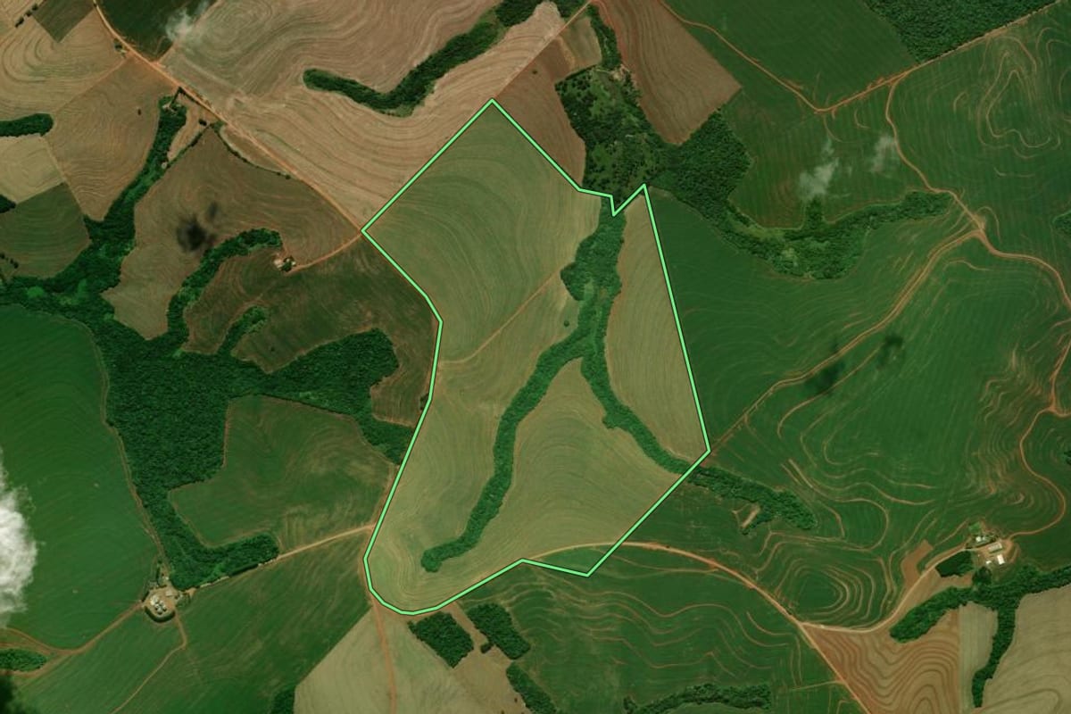 Imagem de satélite do imóvel rural em Mamborê (PR), com o contorno declarado no CAR desenhado por cima.