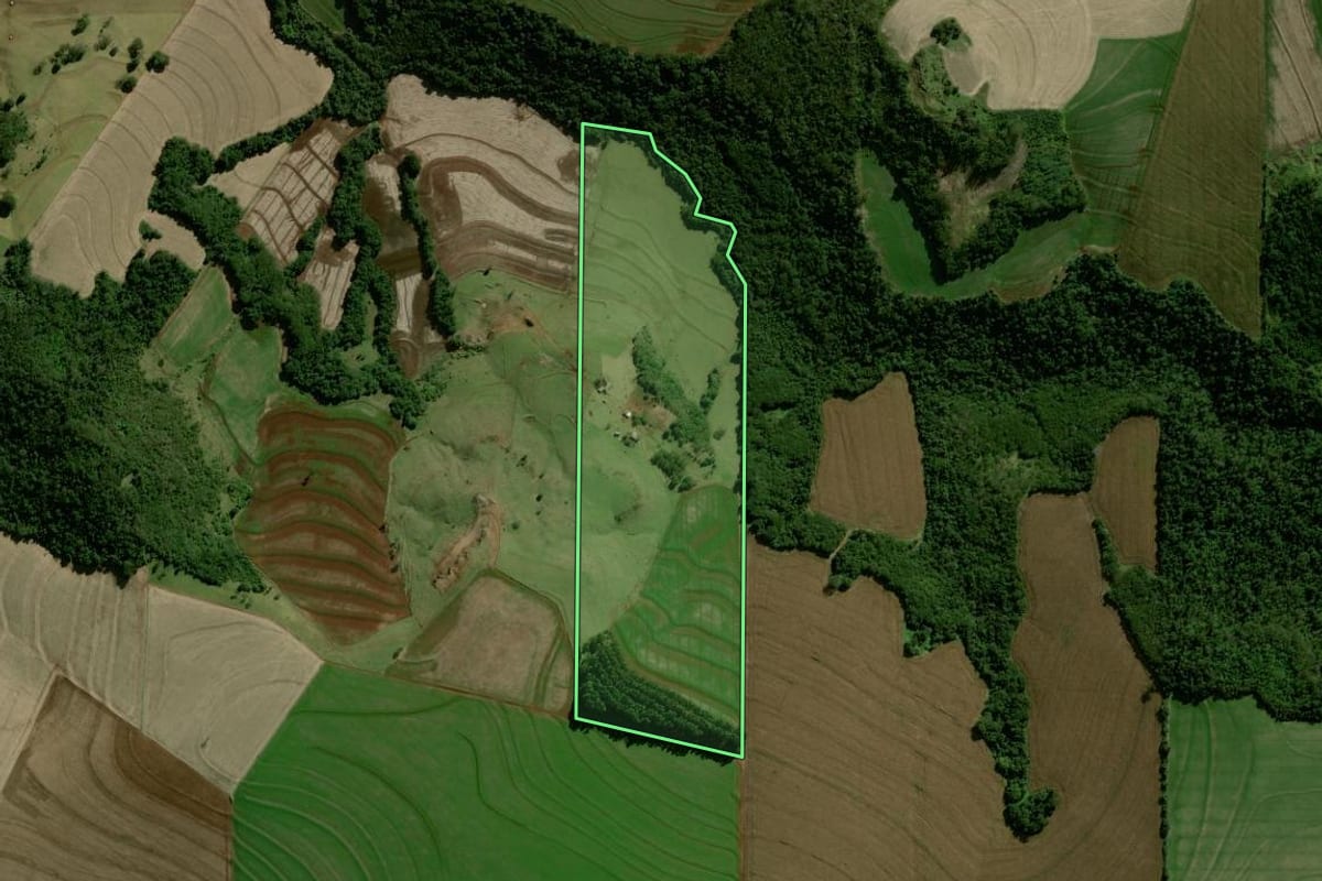 Imagem de satélite do imóvel rural em Mamborê (PR), com o contorno declarado no CAR desenhado por cima.