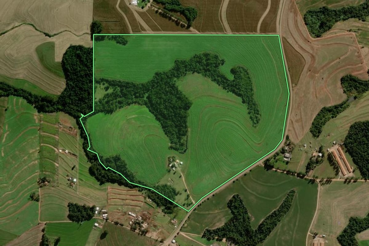 Imagem de satélite do imóvel rural em Mamborê (PR), com o contorno declarado no CAR desenhado por cima.