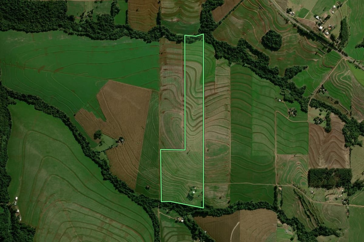Imagem de satélite do imóvel rural em Mamborê (PR), com o contorno declarado no CAR desenhado por cima.