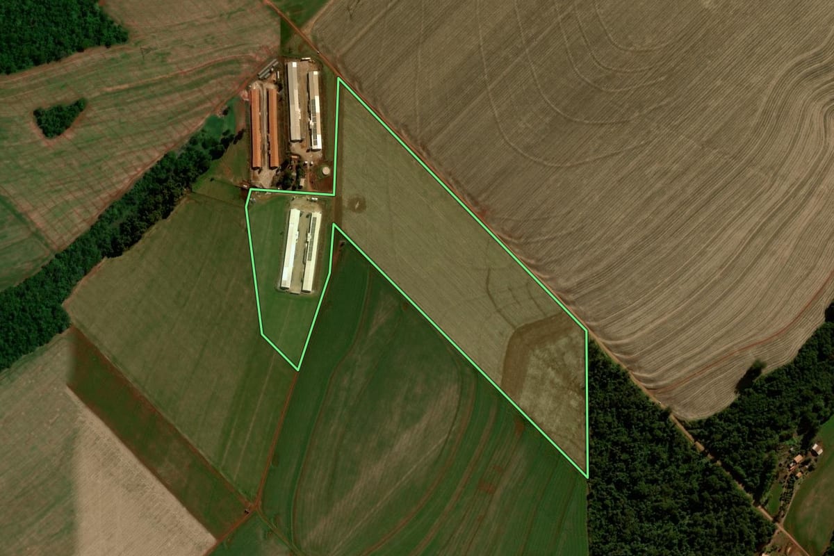 Imagem de satélite do imóvel rural em Mamborê (PR), com o contorno declarado no CAR desenhado por cima.