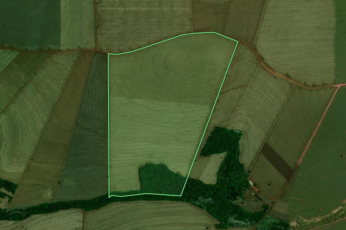 Imagem de satélite do imóvel rural em Mamborê (PR), com o contorno declarado no CAR desenhado por cima.