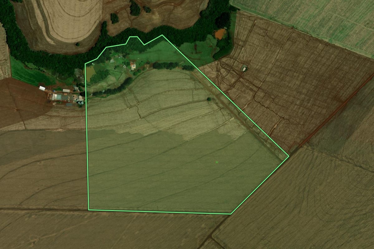 Imagem de satélite do imóvel rural em Mamborê (PR), com o contorno declarado no CAR desenhado por cima.