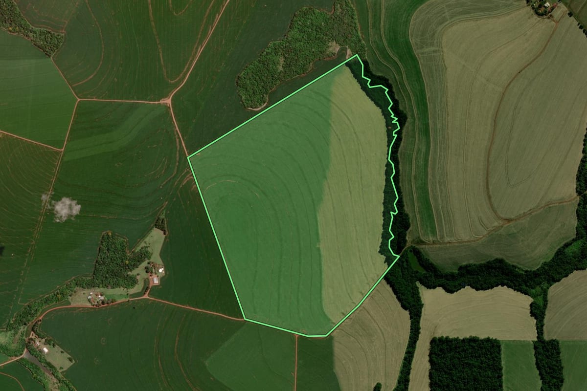 Imagem de satélite do imóvel rural em Mamborê (PR), com o contorno declarado no CAR desenhado por cima.