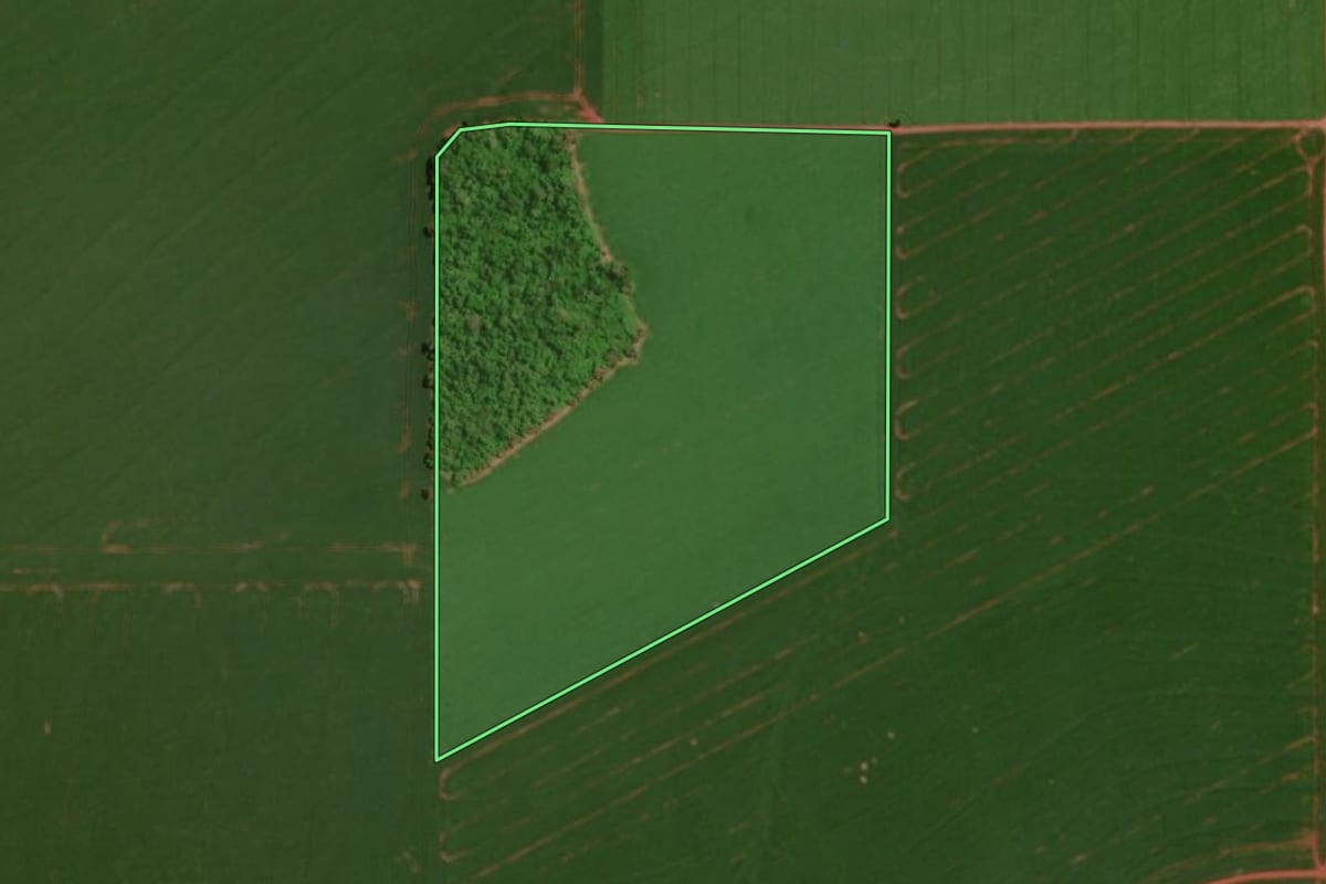 Imagem de satélite do imóvel rural em Mamborê (PR), com o contorno declarado no CAR desenhado por cima.