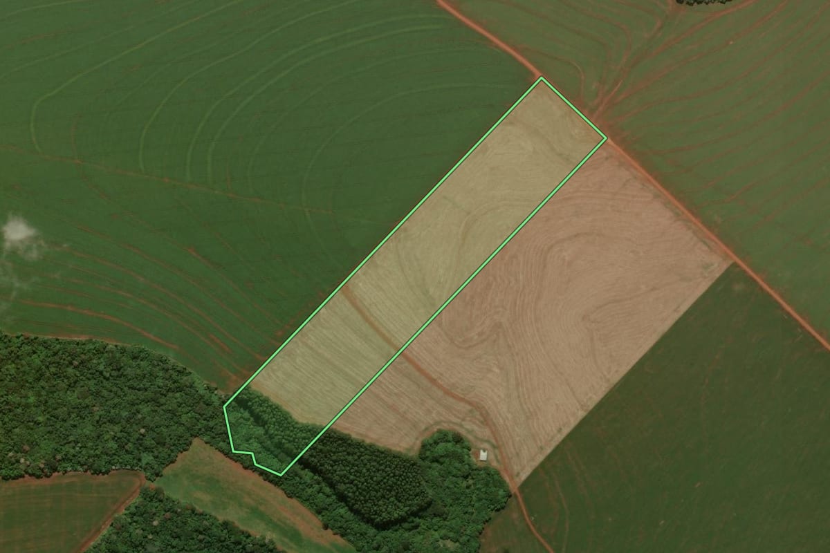 Imagem de satélite do imóvel rural em Mamborê (PR), com o contorno declarado no CAR desenhado por cima.