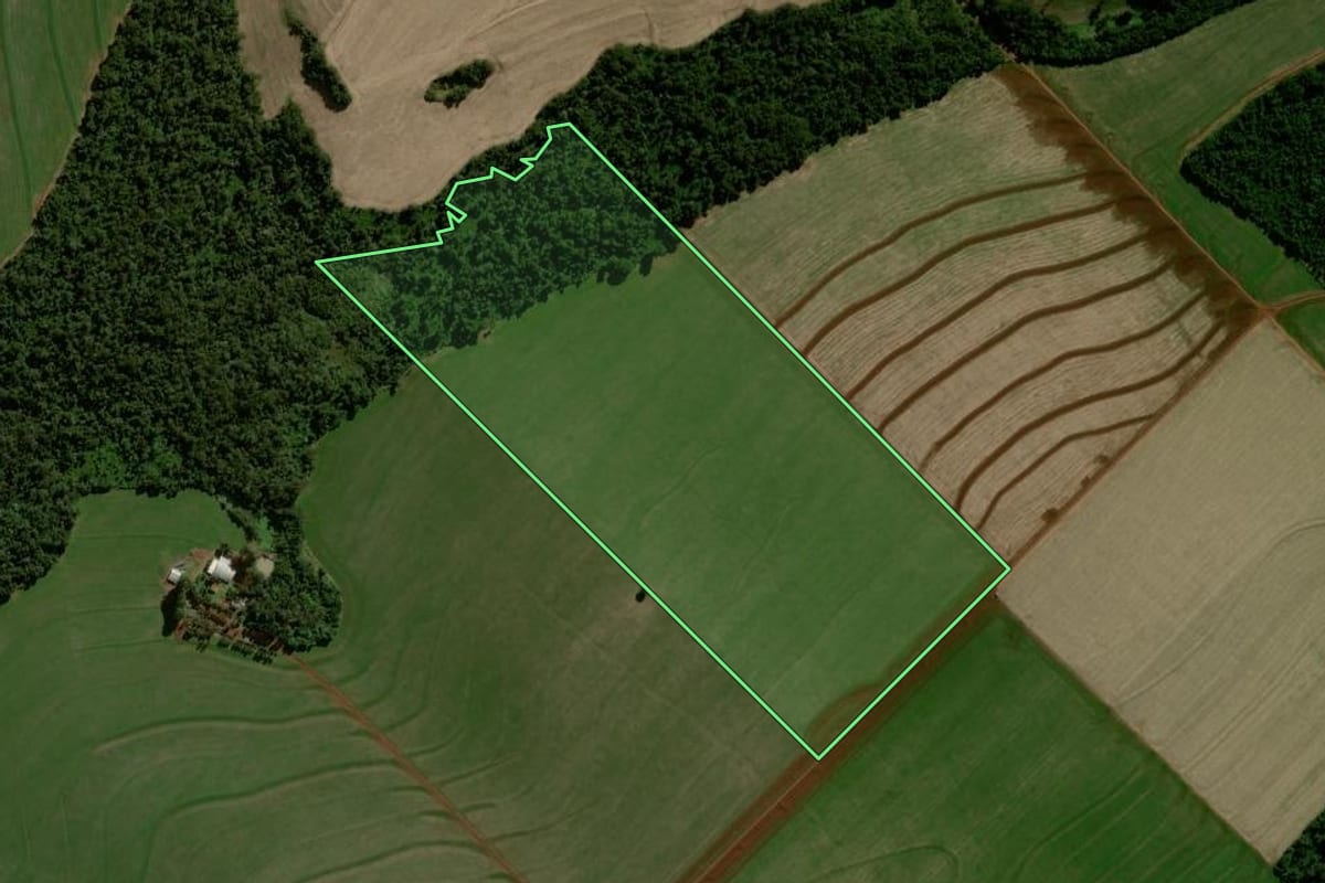 Imagem de satélite do imóvel rural em Mamborê (PR), com o contorno declarado no CAR desenhado por cima.