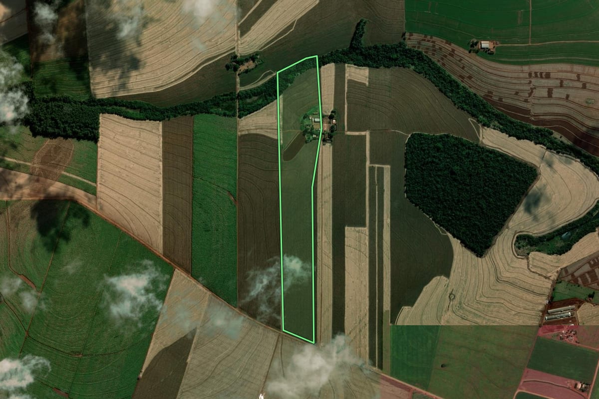 Imagem de satélite do imóvel rural em Mandaguaçu (PR), com o contorno declarado no CAR desenhado por cima.