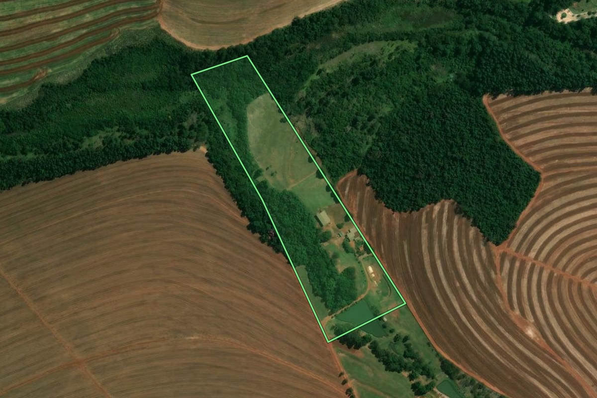 Imagem de satélite do imóvel rural em Mandaguaçu (PR), com o contorno declarado no CAR desenhado por cima.