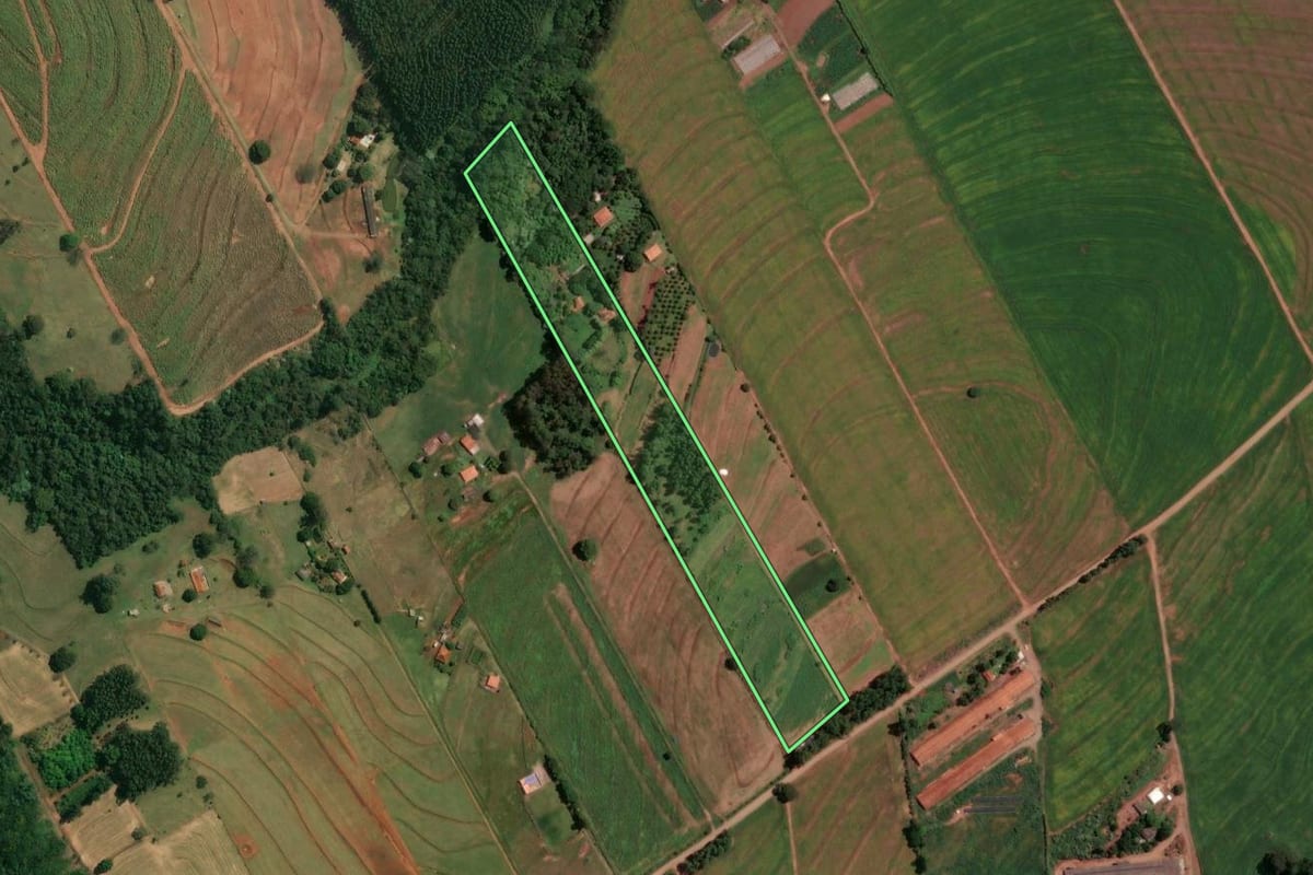 Imagem de satélite do imóvel rural em Mandaguaçu (PR), com o contorno declarado no CAR desenhado por cima.