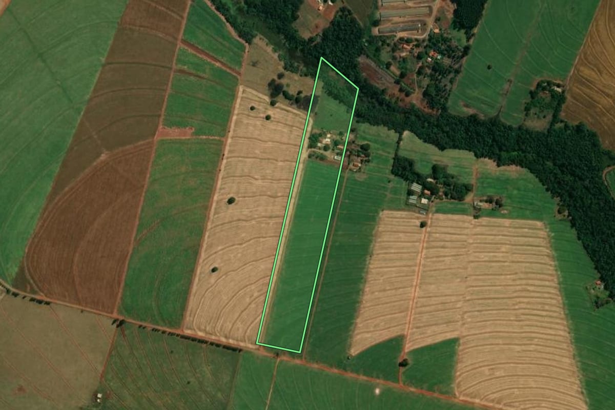 Imagem de satélite do imóvel rural em Mandaguaçu (PR), com o contorno declarado no CAR desenhado por cima.