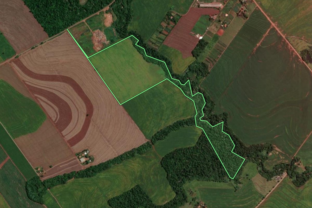 Imagem de satélite do imóvel rural em Mandaguaçu (PR), com o contorno declarado no CAR desenhado por cima.