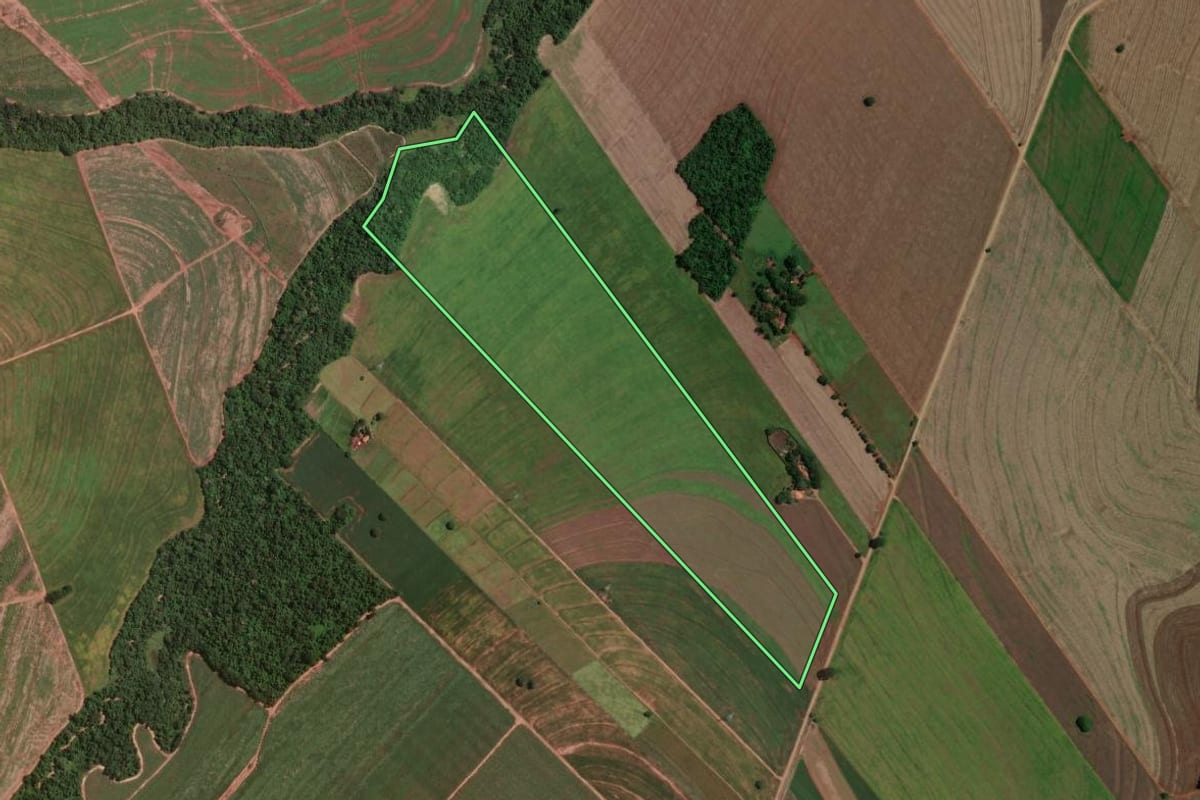 Imagem de satélite do imóvel rural em Mandaguaçu (PR), com o contorno declarado no CAR desenhado por cima.