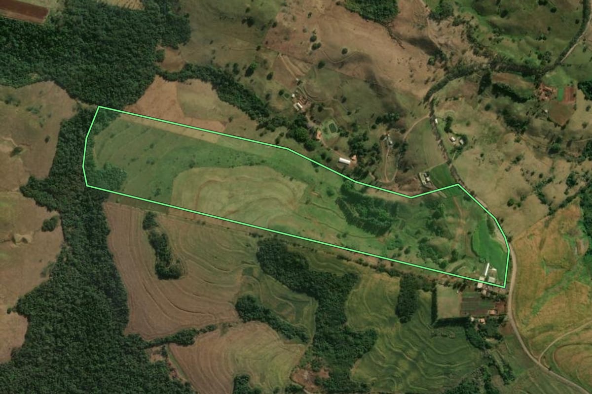 Imagem de satélite do imóvel rural em Mandaguari (PR), com o contorno declarado no CAR desenhado por cima.