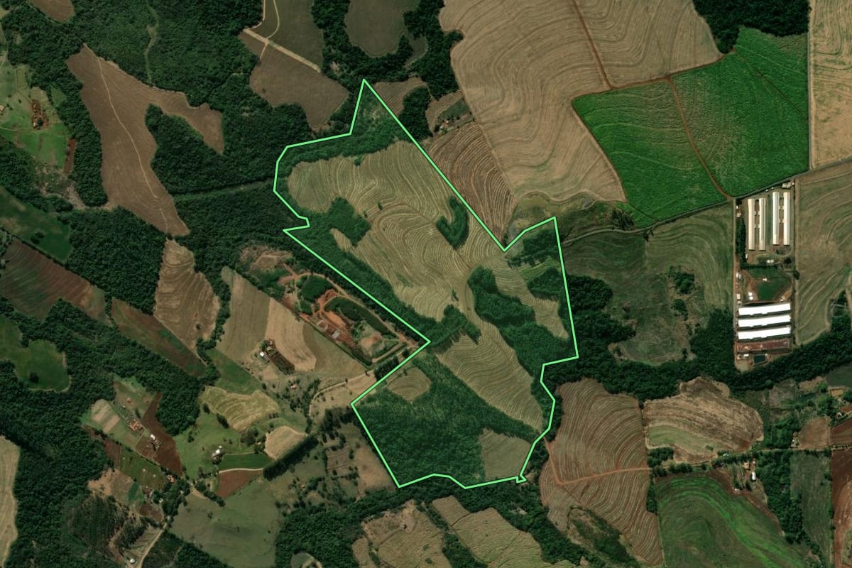 Imagem de satélite do imóvel rural em Mandaguari (PR), com o contorno declarado no CAR desenhado por cima.