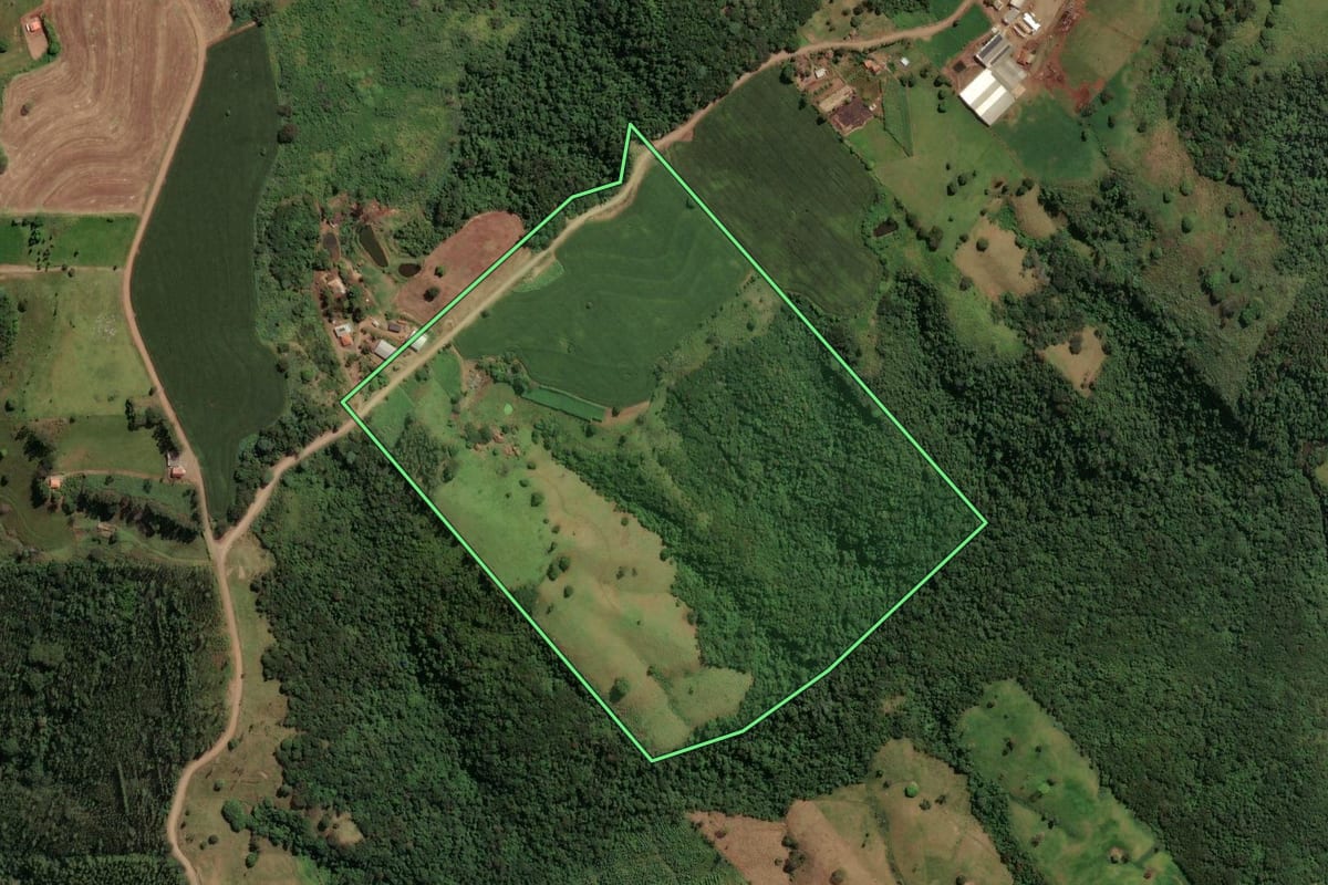 Imagem de satélite do imóvel rural em Mandaguari (PR), com o contorno declarado no CAR desenhado por cima.