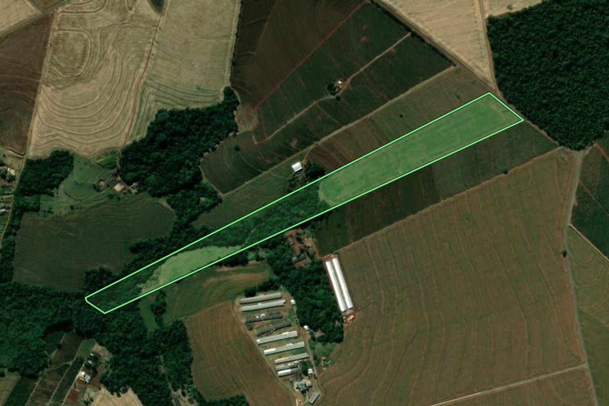Imagem de satélite do imóvel rural em Mandaguari (PR), com o contorno declarado no CAR desenhado por cima.