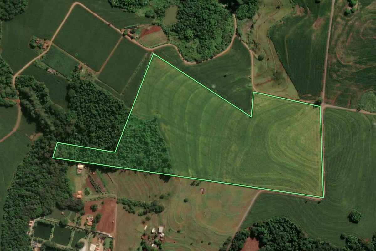 Imagem de satélite do imóvel rural em Mandaguari (PR), com o contorno declarado no CAR desenhado por cima.