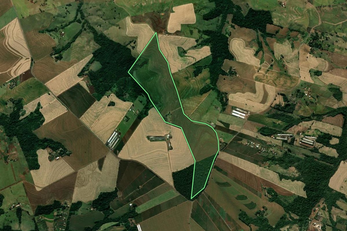 Imagem de satélite do imóvel rural em Mandaguari (PR), com o contorno declarado no CAR desenhado por cima.
