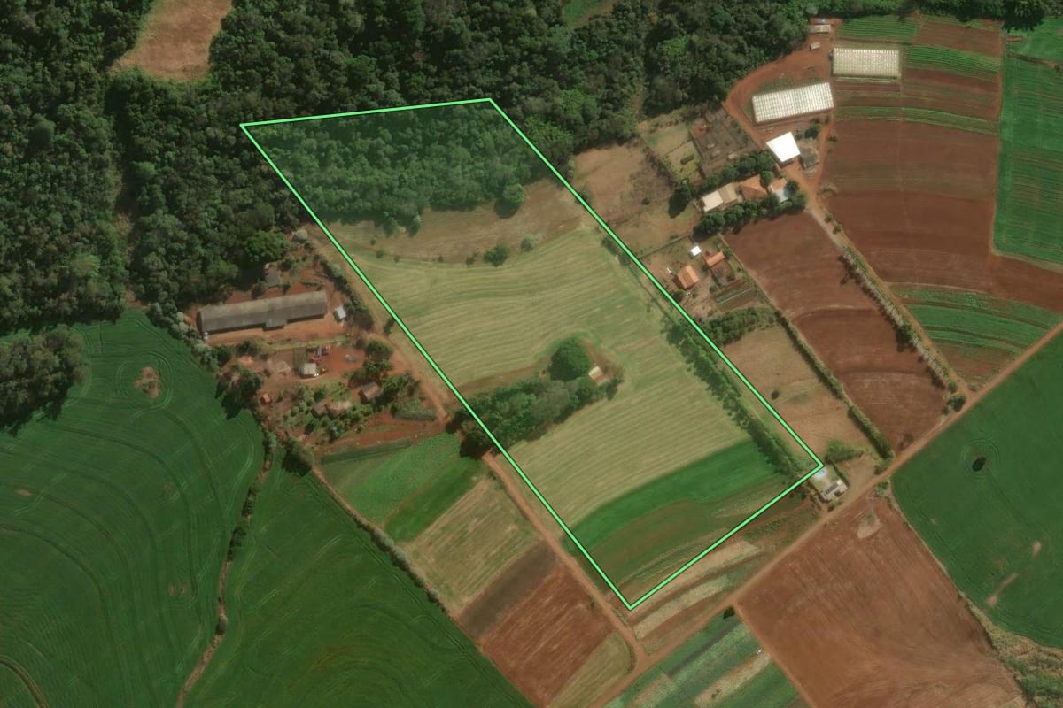 Imagem de satélite do imóvel rural em Mandaguari (PR), com o contorno declarado no CAR desenhado por cima.