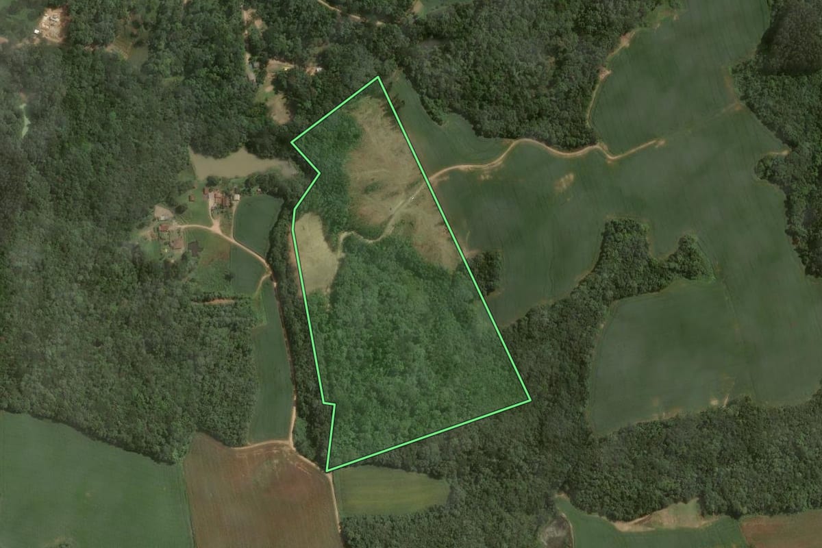 Imagem de satélite do imóvel rural em Mandirituba (PR), com o contorno declarado no CAR desenhado por cima.