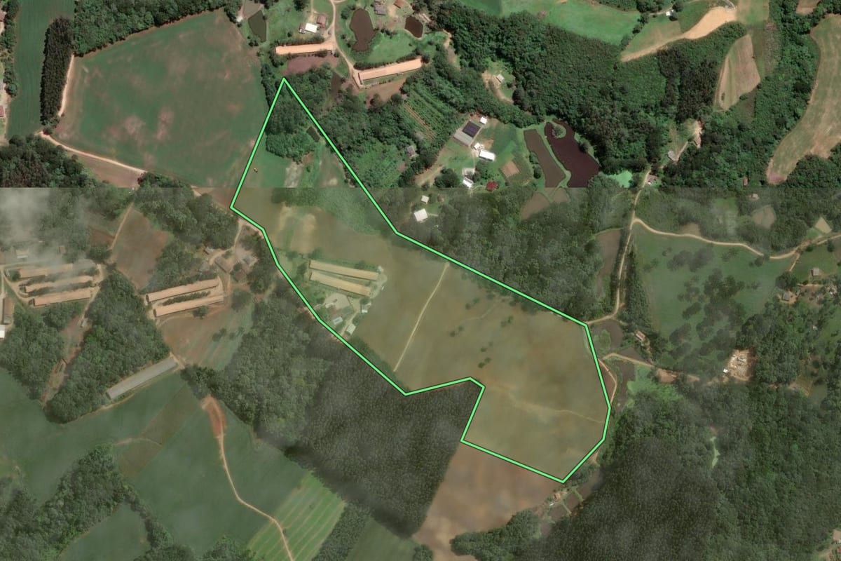 Imagem de satélite do imóvel rural em Mandirituba (PR), com o contorno declarado no CAR desenhado por cima.