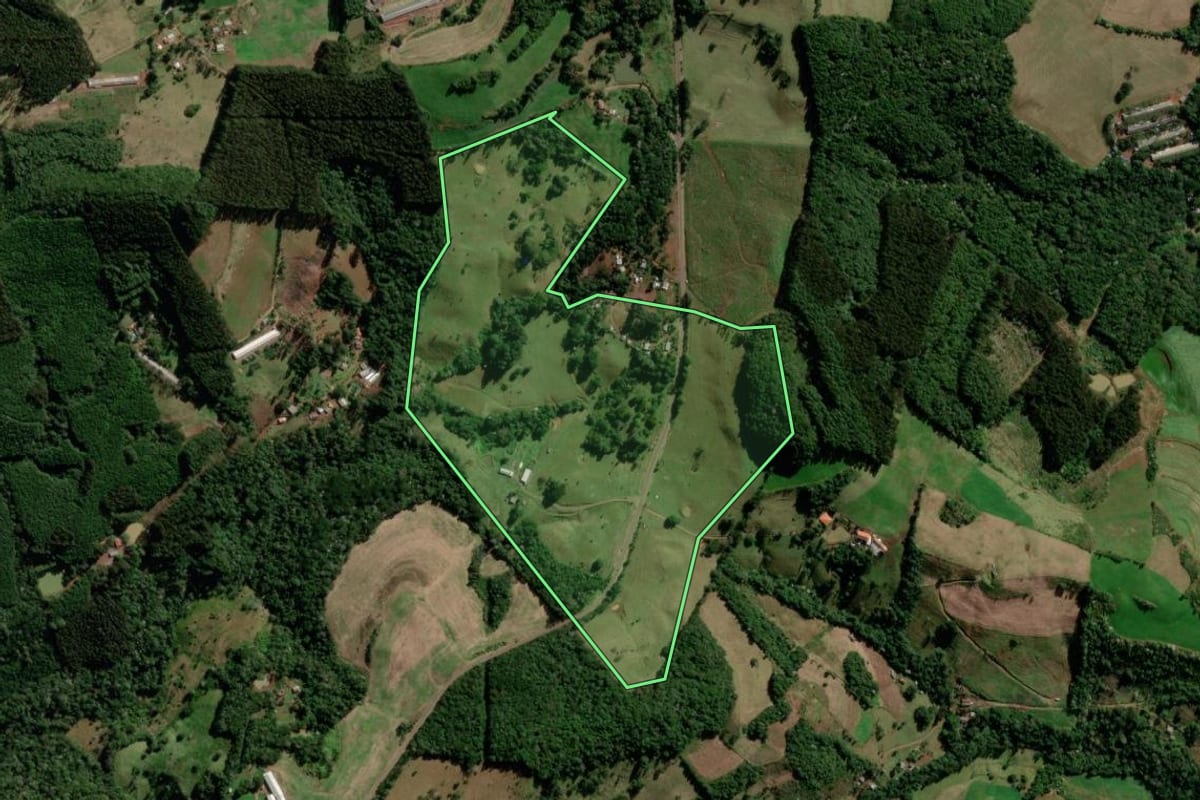 Imagem de satélite do imóvel rural em Manfrinópolis (PR), com o contorno declarado no CAR desenhado por cima.