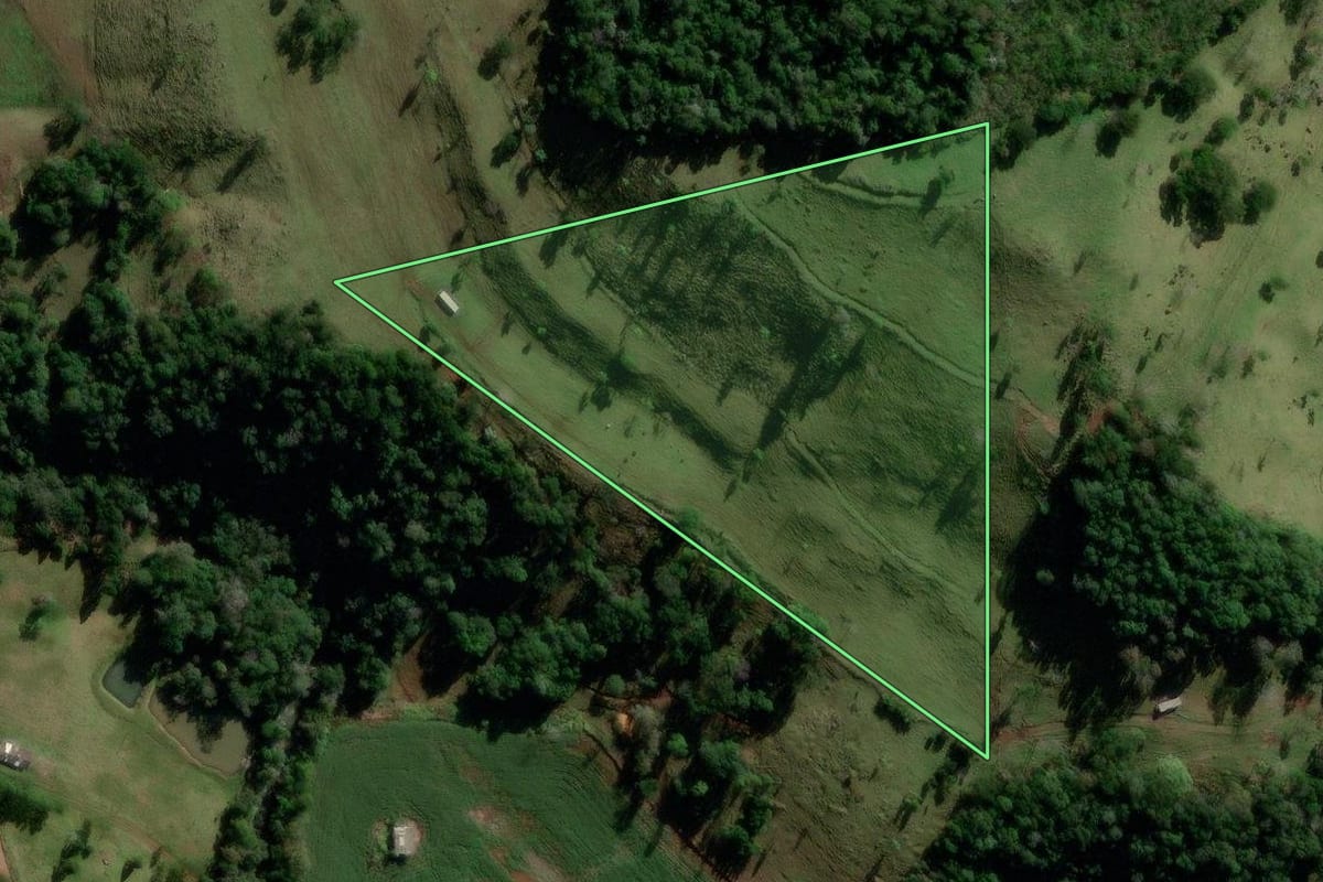 Imagem de satélite do imóvel rural em Manfrinópolis (PR), com o contorno declarado no CAR desenhado por cima.