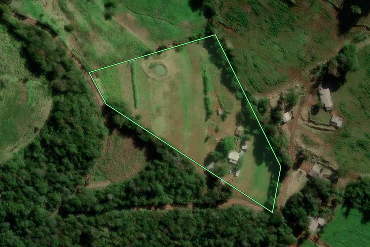 Imagem de satélite do imóvel rural em Manfrinópolis (PR), com o contorno declarado no CAR desenhado por cima.