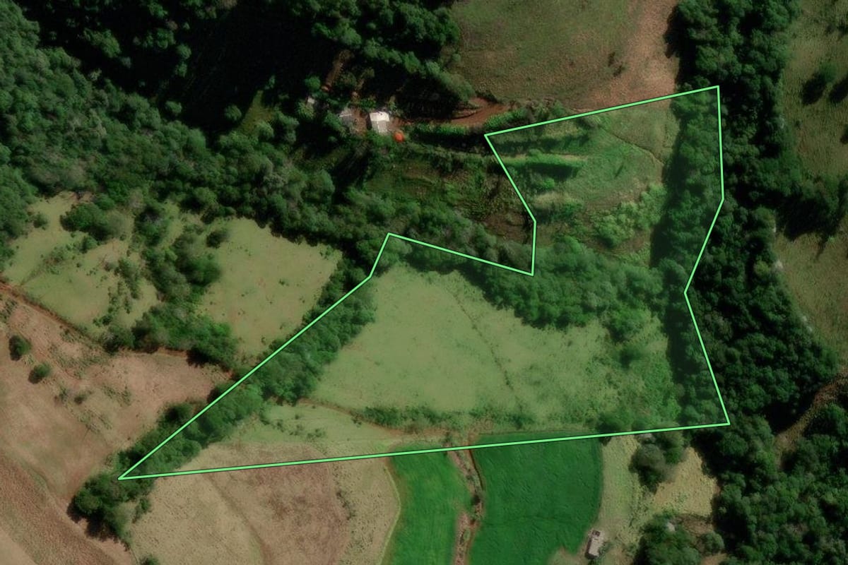 Imagem de satélite do imóvel rural em Manfrinópolis (PR), com o contorno declarado no CAR desenhado por cima.