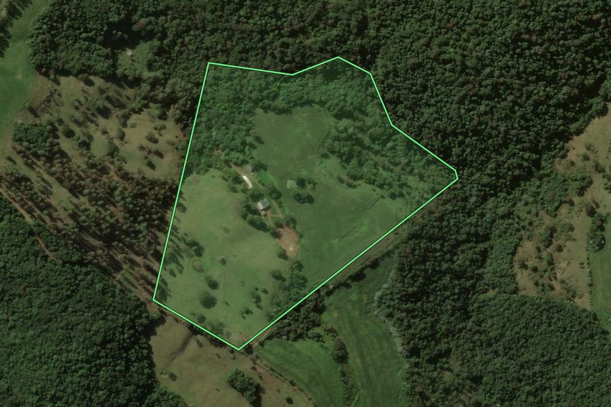 Imagem de satélite do imóvel rural em Manfrinópolis (PR), com o contorno declarado no CAR desenhado por cima.