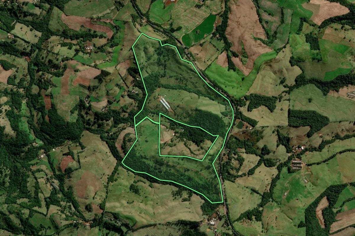 Imagem de satélite do imóvel rural em Manfrinópolis (PR), com o contorno declarado no CAR desenhado por cima.